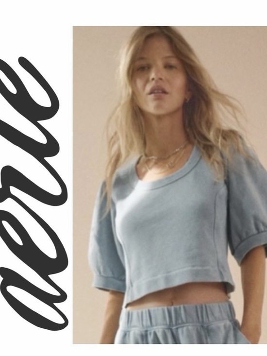aerie Tops - Aerie Seams Right Washed Blue Cropped Puff-Sleeve Sweatshirt Top